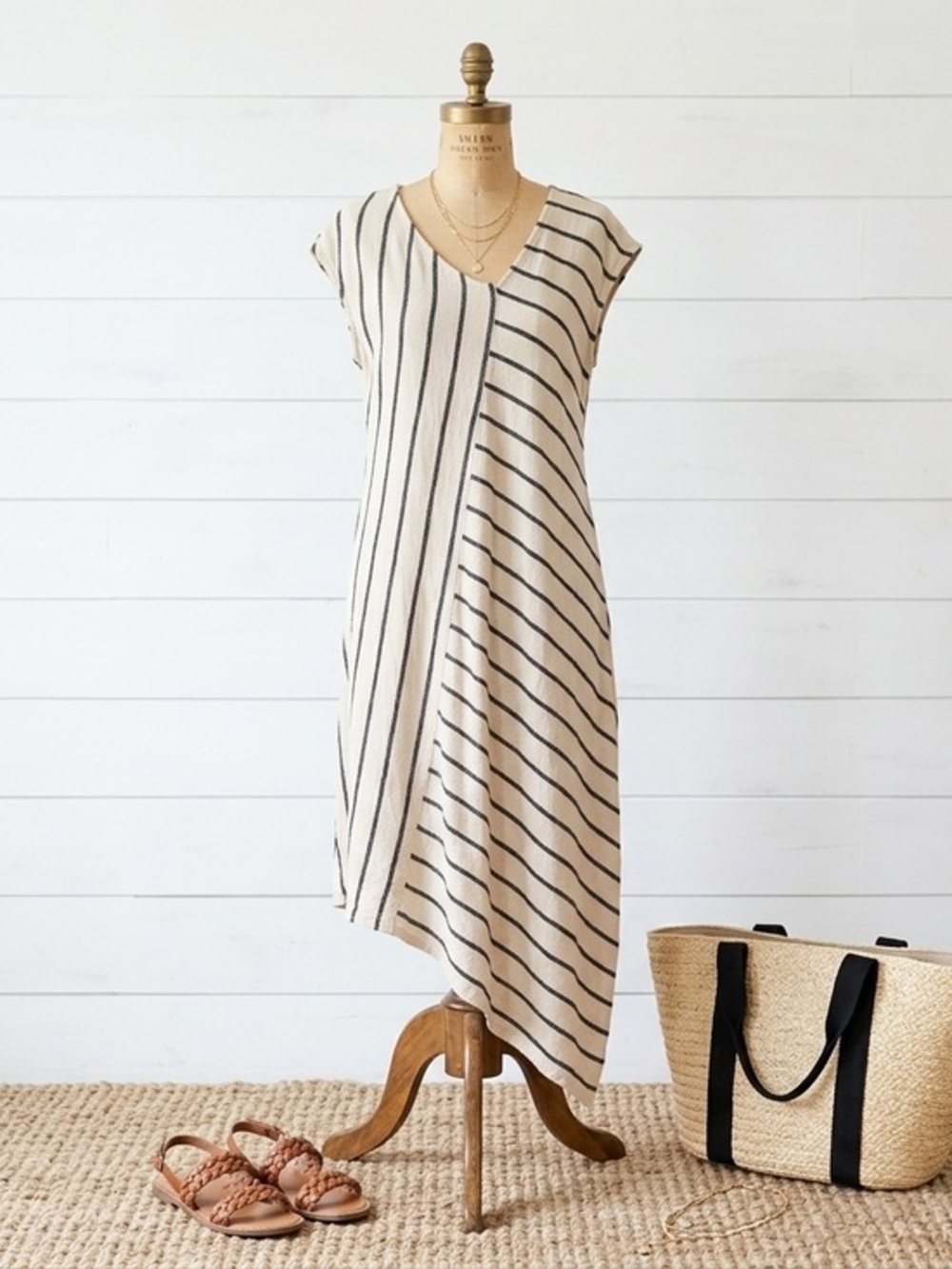 FOR CYNTHIA Striped Linen Blend Asymmetric Midi Dress S